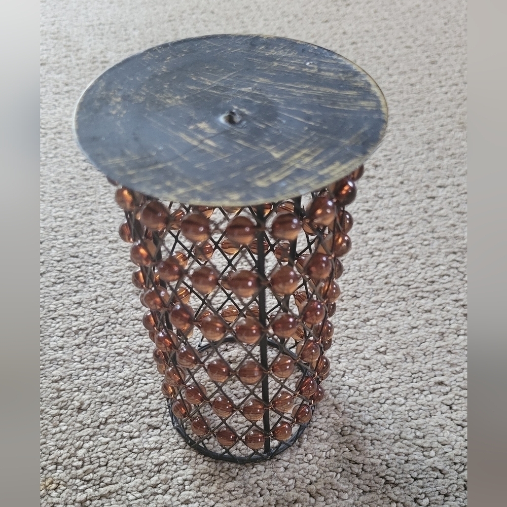 Brown Beaded Metal Pillar Candle Holder - Picture 6 of 7